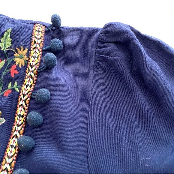 Navy Blue Embroidered Dress Sz Medium Floral Boho Long Sleeves Tiered Elastic - Picture 10 of 17